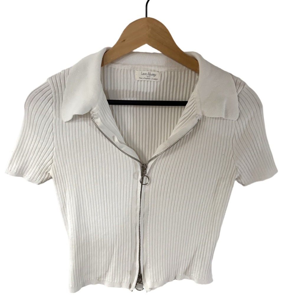 Love Always by F21 White Ribbed Zip Front Collared Crop Top | Size XL